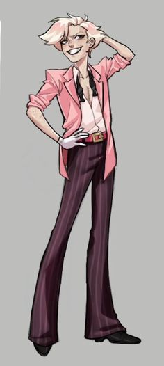 a drawing of a woman in pink shirt and pants with her hands on her head