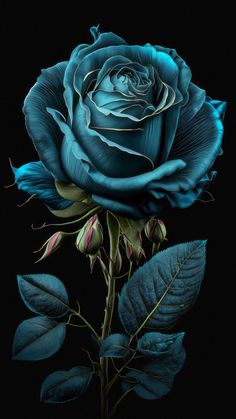 a blue rose with green leaves on a black background