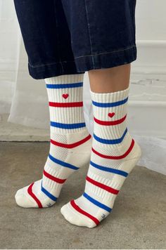 Introducing the Stripe Boyfriend Socks, the epitome of sporty charm and playful style! These delightful socks are a fusion of comfort, functionality, and an irresistible dose of cuteness. Designed to make a statement, they'll add a vibrant touch to any workout ensemble or casual attire. Contents:85% Cotton 13% Polyester 2 SpandexSizing:One size fits most (US women's size 6-10) Women Workout Socks, Cheap Fitted Striped Socks, Ikea Socks, Cottage Socks, Boyfriend Socks, Sock Lovers, Heart Socks, Playful Style, Embroidered Heart