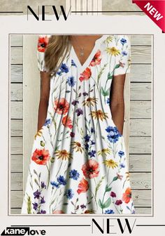 Women's White V-neck Short Sleeve Printed Maxi Dress Casual White V-neck Summer Dress, White Floral Print V-neck Dress For Spring, Casual Printed V-neck Mini Dress, Casual Multicolor Mini V-neck Dress, White Floral Print Mini V-neck Dress, Casual Floral Print V-neck Mini Dress, Summer Printed Split Neck Dress, Summer Printed Dress With Split Neck, Summer Printed Dresses With Split Neck