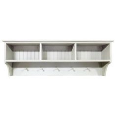 a white shelf with three shelves and two hooks