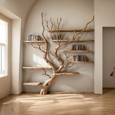 a tree shaped shelf with books on it in a room next to a window and a teddy bear