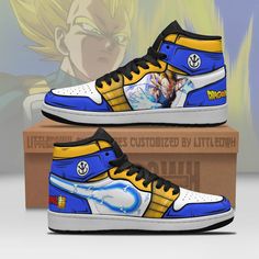 a pair of blue and yellow sneakers with the image of gohan printed on them