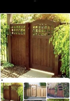 an image of a wooden gate in the middle of several photos and text below it