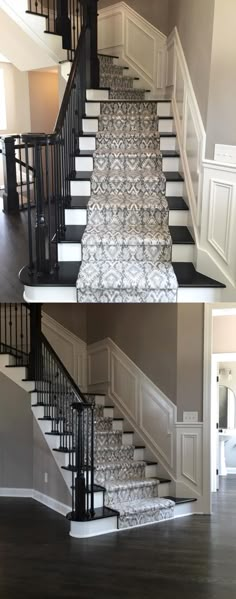 the stairs in this house have been painted black and white to match their color scheme