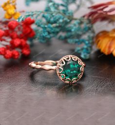 "Vintage Emerald Ring, Round Cut 8mm Emerald Engagement Ring, Lace Bezel  Wedding Ring, May Birthstone Ring, Stackable Ring, Anniversary Gift ✿ Metal: 14K Gold (White/ Yellow/ Rose Gold), we can also make the ring in 18K gold or Platinum, contact us if you want! -----「Engagement Ring Details」----- * Center Stone: (Lab Created) Emerald  * Color: Green - 5A * Clarity: VVS * Stone Shape: Round Cut * Stone Weight: Approx. 2.00 CT * Side Stone: None * Band Width: 2.1mm √ CUSTOM √ PAYMENT PLAN √ ENGRAVING  Production Time  The process of making this order is 2-3 weeks for the hand made production and shipping. The reason it takes that amount of time is because I start making them from scratch once the order is received. We prefer to give my retail customers a more \"fresh from the oven\" jewelry Round Emerald Ring With Halo Design For May Birthstone, Emerald Ring With Halo Design For May Birthstone, Emerald Bezel Setting Round Rings, Rose Gold Emerald Ring With Bezel Setting For Anniversary, May Birthstone Ring With Halo Setting, Emerald Promise Ring With Bezel Setting And Round Band, Solitaire Crystal Ring For May Birthstone, Round Emerald Ring With Bezel Setting For Anniversary, Emerald Crystal Ring With Birthstone Round Shape