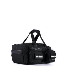 a black duffel bag on a white background