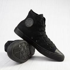 Converse Chuck Taylor All Star Hi Sneaker - Black Monochrome | Journeys Best Sneakers For Walking, All Black Converse, Heels Design, Black Chuck Taylors, Black Chucks, Minimalist Sneakers, Girls Shoes Sneakers, All Black Shoes, Sneaker Style