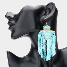 Earring Details: Size : 1.75" X 4.75" Fish Hook Back Turquoise Earrings With Beaded Fringe, Turquoise Tassel Earrings With Dangling Beads, Turquoise Tassel Drop Earrings For Summer, Summer Turquoise Tassel Drop Earrings, Turquoise Dangle Beaded Earrings For Pierced Ears, Blue Tassel Earrings With Dangling Beads For Summer, Turquoise Earrings With Beaded Fringe For Beach, Blue Dangle Chandelier Earrings For Summer, Turquoise Beaded Fringe Dangle Tassel Earrings