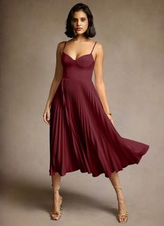 Emma Wine Pleated Midi Dress | Azazie Fitted A-line Suspender Dress For Evening, A-line Midi Dress With Accordion Pleats For Party, Pleated A-line Midi Dress For Dinner, Ruched A-line Pleated Party Dress, Pleated Midi Dress With Spaghetti Straps, Elegant Pleated Midi Dress With Spaghetti Straps, Pleated V-neck Dress With Fitted Bodice, Formal Midi Dress With Pleated Bodice And Spaghetti Straps, Elegant Spaghetti Strap Midi Dress With Pleated Bodice