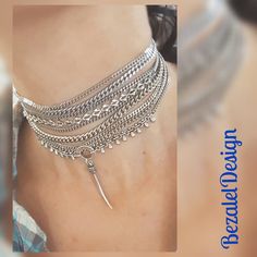 "♦ A stunning layered choker, made of silver-plated brass in very high quality, This necklace is designed in a boho-chic line with touches of punk 'a very beautiful necklace. The coating is very high quality and remains for a long time. SIZE length: 11.8\"(30cm) up to 15.8\"(40cm) width choker: 1.57\"(4cm) width pendant:0.27\"(0.68 mm) Pendant height: 1.57\"(4cm) ♦ This piece of jewelry is perfect as a gift for yourself or a friend, for a festival, Valentine's day or a birthday. If you're intere Handmade Sterling Silver Bohemian Choker, Handmade Bohemian Sterling Silver Choker, Bohemian Sterling Silver Choker, Bohemian Silver Layered Choker Necklace, Silver Bohemian Adjustable Layered Necklace, Silver Bohemian Layered Choker Necklace, Bohemian Layered Choker Necklace, Handmade Silver Bohemian Layered Necklace, Festival Silver Choker With Adjustable Chain