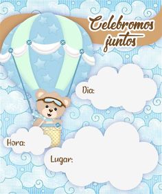 a teddy bear in a hot air balloon with the words celebromos fundos