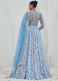 Embroidered anarkali with embroidered dupatta. Blue Anarkali Set With Sheer Dupatta For Festive Occasions, Designer Blue Anarkali Set With Dupatta, Blue Chikankari Embroidered Sharara For Reception, Blue Anarkali With Sheer Dupatta, Anarkali Floor-length Dupatta With Intricate Embroidery, Anarkali Style Floor-length Embroidered Dupatta, Blue Anarkali Set With Traditional Drape, Blue Anarkali Set With Sheer Dupatta And Traditional Drape, Blue Anarkali Set With Resham Embroidery For Festive