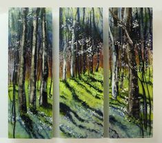 three paintings of trees and grass in the woods