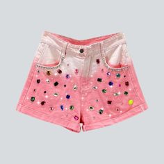 Bring a touch of retro style into your wardrobe with our Y2K-inspired color rhinestone contrast denim shorts from the 2023 Summer Collection! Crafted with love. these high-waisted. straight-silhouette shorts have a steady zoomer style that will transport you back in time with every wear.Why You'll Love These Shorts: Embellishments in All the Right Places: Our shorts are adorned with rhinestones for a touch of sparkle and glamour. A High-Waisted Fit: Get that timeless Y2K look with a flattering t Trendy Jean Shorts For Party, Trendy High Waist Jean Shorts For Parties, Trendy Summer Party Jean Shorts, Party Jean Shorts For Spring, Spring Party Jean Shorts, Party-ready Jean Shorts For Spring, Trendy Pink High-waisted Jean Shorts, Trendy Cotton Shorts For Party, High Waist Rhinestone Jean Shorts For Party