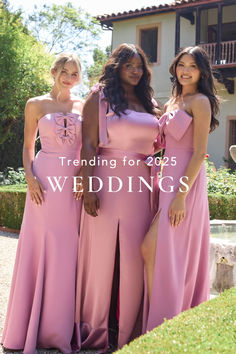 three women in pink dresses standing next to each other with the words trending for brides