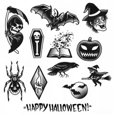 black and white halloween stickers with bats, pumpkins, spider, ghost, bat