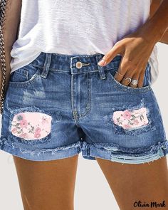 Color: blue, Size: L(10-12) Ripped Jeans Casual, Casual Denim Shorts, Ripped Denim Shorts, Shorts Casual, Blue Denim Shorts, Denim Patchwork, Distressed Denim Shorts, Ripped Denim, Printed Denim