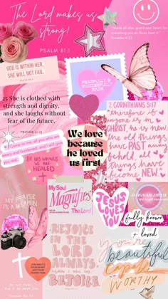 a collage of pink and white images with hearts, stars, flowers, and words