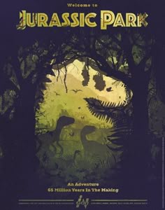 an image of a dinosaur in the forest with text that reads welcome to jurassic park