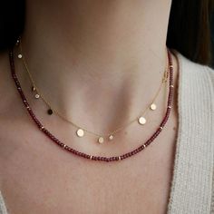 Add a special touch to your look. Our Birthstone Bead Collection styles are crafted with natural stones and ten 14k gold rondelles strung on a coated wire for maximum durability. Wear your own birthstone—or a loved one’s—for a meaningful layer in any necklace stack. Garnet is January's birthstone. Gold Necklace With Beads, Fall Necklaces Beaded, Fall Necklaces, Stacking Necklaces, Crystal Beads Necklace, Winter Necklace, Layered Beaded Necklaces, Bead Collection, Antique Necklaces Design