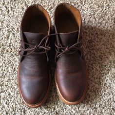 Gently Worn. Like Brand New. Leather Boots With Rubber Sole, Closed Toe, Rugged Chukka Boots With Round Toe For Fall, Rugged Fall Chukka Boots With Round Toe, Vintage Leather Lace-up Chukka Boots, Oiled Leather Shoes With Round Toe And Leather Sole, Leather Boots With Plain Toe And Rubber Sole, Leather Boots With Rubber Sole And Plain Toe, Leather Boots With Rubber Sole, Plain Toe, Leather Dress Shoes With Textured Sole And Round Toe