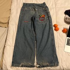 Crazyy Vintage 90s Jnco Jesters Tribal Baggy Denim Jeans! Absolutely Love These!!!!! Would Love To Do A Trade For Em Or You Can Buy. Lmk If You Have Any Questions #Jeans #90s #Y2k #Grunge #Baggy Vintage Wide Leg Jeans For Streetwear, 90s Reworked Bottoms For Streetwear, Reworked Retro Jeans For Streetwear, Retro Reworked Jeans For Streetwear, Vintage Reworked Wide Leg Jeans, Vintage Wide Leg Reworked Jeans, Vintage Cotton Jeans For Streetwear, Baggy Grunge Jeans, Jnco Jeans The 90s