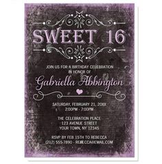 Black Grunge Purple Sweet 16 Invitations - Artistically Invited Pink And Black Grunge, Halloween Sweet 16, Black And Purple Background, Purple Sweet 16, Sweet 16 Party Invitations, 16 Invitations, 16th Birthday Invitations, Sweet Sixteen Parties, Party Invite Design