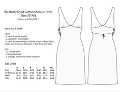 the blueberry dress sewing pattern is shown with measurements for it and how to sew it