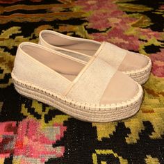 Platform Espadrilles Never Worn Trendy Synthetic Flat Heel Espadrilles, Chic Brown Espadrilles For Spring, Beige Espadrilles With Woven Sole And Flat Heel, Cream Espadrilles With Rubber Sole For Summer, Beige Espadrilles With Contrast Sole And Round Toe, Round Toe Espadrilles With Contrast Sole, Summer Beige Espadrilles With Cushioned Footbed, Trendy Espadrilles With Woven Sole For Day Out, Beige Espadrilles With Contrast Sole