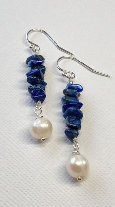 Lapis Lazuli Freshwater Pearl Sterling Silver Earrings Navy | Etsy Simple Bead Earrings, Sundance Style Jewelry, Making Jewelry For Beginners, Sundance Style, Beaded Earrings Diy, Natural Stone Earrings, Boho Cottage, Silver Jewelry Design, Earrings Inspiration