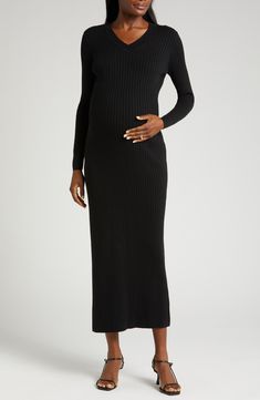 Slip into this cozy sweater-dress for the warm long sleeves and back-access nursing zipper for discreet style. 52" length Back zip closure V-neck Long sleeves Unlined 74% cotton, 26% nylon Hand wash, dry flat Imported Long Sleeve Maternity Dress For Fall, Fall Maternity Dress With Long Sleeves, Fall Long Sleeve Maternity Dress, Fitted Long Sleeve Maternity Dress For Fall, Ribbed Long Sleeve Sweater Dress For Loungewear, Long Sleeve Ribbed Sweater Dress For Loungewear, Fitted Maternity Dress For Fall, Fall Maternity Long Sleeve Dresses, Casual Long Sleeve Maternity Dress For Fall