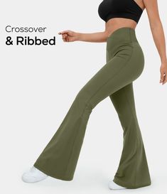 Cloudful™ High Waisted Crossover Ribbed Super Flare Yoga Leggings Green Flared Leggings, Green Flare Leggings, Plain Leggings, Flare Yoga Pants, Boot Cut Leggings, Flare Legging, Flared Leggings, Winter Leggings, Leggings With Pockets