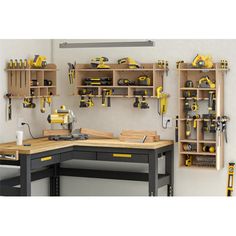 a workbench with various tools on it and two shelves filled with tools,