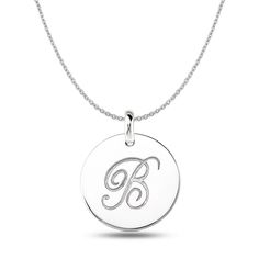 Show of your favorite letter in style. Calligraphy look letter B uniquely cutout at the center of this 14K white gold disk this alphabetical symbol creates a polished circular treat that is all about you. Pendant comes in an 18" 14k white gold cable chain and a complimentary wooden "mahogany" box. Manufactured in the USA. Details: Metal Weight - 7.6 gr Diameter - 20mm Width - 2 mm Polished Finish Silver Initials Necklace, Engraved White Gold Initial Necklace In Sterling Silver, Engraved Sterling Silver Initial Necklace In White Gold, Engraved White Gold Round Necklace, White Gold Engraved Round Necklace, Classic Silver Round Initial Necklace, Silver Round Classic Initial Necklace, White Gold Initial Pendant With Engraving Option, Classic Silver Engraved Initial Necklace