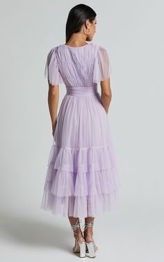 Jiraye Midi Dress - Flutter Sleeve Tuelle Plunge Dress in Lilac | Showpo USA Lavender V-neck Dress For Formal Occasions, Elegant Lavender A-line Dress, Lavender Evening Dress For Spring Prom, Purple A-line Summer Evening Dress, Feminine Tiered Midi Dress For Evening, Feminine Tiered Midi Evening Dress, Purple A-line Evening Dress For Summer, Elegant Purple Evening Dress For Summer, Elegant Purple Summer Evening Dress