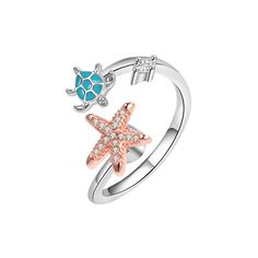 Color: White gold color Size: Adjustable Opening Fashion Element: Sea Turtle, Starfish Style: Europe and America Jewellery Wishlist, Starfish Ring, Turtle Ring, Summer Beach Jewelry, Ocean Gifts, Turtle Jewelry, Fidget Rings, Cute Turtles, Rings For Girls