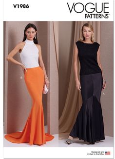 two women in evening dresses, one with an orange skirt and the other white top