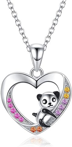 Sterling Sliver Panda Bear Animal Heart Pendant Necklace Jewelry Gift for Women   【Panda Heart Pendant Design】：It is hard not to be charmed by the fat, round and lovely appearance of a panda. Where there are pandas, there is happiness. They are cared for with love and sincerity. Wear this panda necklace and may your surroundings be filled with love too! 【Sterling Silver Material】：The heart panda necklace is made of 925 sterling silver, hypoallergenic, set with high quality colored zirconia stone Silver Heart Necklace With Clavicle Chain For Gift, Silver Chain Heart Pendant Necklace, Heart Pendant Necklace With Silver Chain For Gift, Silver Heart Pendant Necklace With Silver Chain, Silver Charm Necklace With Lobster Clasp For Valentine's Day, Silver Heart Necklace With Clavicle Chain For Mother's Day, Silver Heart Clavicle Chain Jewelry, Silver Heart Bead Pendant Necklace, Silver Heart Charm Necklace For Birthday Gift