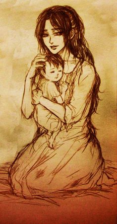 a drawing of a woman holding a baby in her arms and sitting on the ground