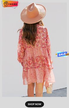 Pink Bubble Sleeve Floral Print Dress Summer V-neck Long Sleeve Dress For Daywear, Spring Chiffon Long Sleeve Dress, Feminine Flowy Long Sleeve Dress, Chiffon Long Sleeve Dresses For Spring, Flowy Long Sleeve Feminine Dress, Long Sleeve Chiffon Dresses For Spring, Long Sleeve Chiffon Dress For Brunch, Spring Vacation Long Sleeve Mini Dress, Long Sleeve Mini Dress For Spring Vacation