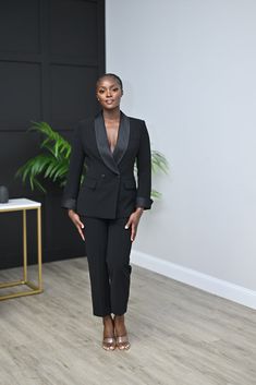 Pretty & Paid Suit | Belle Business Wear Black Double Breasted Long Sleeve Suit For Evening, Black Double Breasted Suit With Long Sleeves For Evening, Elegant Fall Pantsuit For Formal Occasions, Sleek Tailored Pantsuit With Lapel Collar, Elegant Fitted Suit For Night Out, Fall Formal Single Button Pantsuit, Sleek Pantsuit With Lapel Collar For Formal Occasions, Sleek Formal Pantsuit With Lapel Collar, Elegant Black Blazer With Lapel Collar