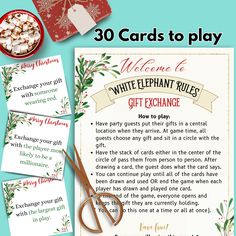 the printable white elephant rules gift exchange is shown with scissors, cards and other items