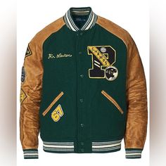 This Vintage-Style Bomber Jacket From Polo Ralph Lauren Features Naturally Patinated Leather Sleeves And Comes Adorned With Fabric Patches On The Front And Rear With The Brand's Imaginary Sports Team R.L. Panthers. New With Tags Product Details Size : Xxl Press Stud Fastening. Two Front Pockets And One Inner Pocket, Each With Leather Trim. Ribbed Collar, Cuff And Hem. Fabric Patches With Embroidered Motifs And Logo College Jacke, Alpha Man, Leather Varsity Jackets, Varsity Letterman Jackets, Outdoor Jackets, Mens Outdoor Jackets, Letterman Jackets, Varsity Jackets, Leather Sleeves