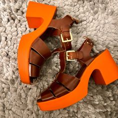 Free People Platform Sandals. Slightly Square Toe, Caged Leather Upper, Lined Footbed. Nwot Orange Chunky Platform Bold Block Heel Approx: 3in Heel Casual Orange Ankle Strap Heels, Sandals Brown, Free People Shoes, Chunky Platform, Brown Sandals, Brown Orange, Platform Sandals, Women's Shoes Sandals, Block Heels