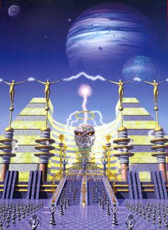 an image of a sci - fi scene with aliens in the foreground and planets in the background