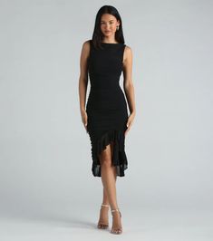 The Casey formal mesh dress will have you looking tasteful and elegant for banquets or rehearsal dinners! She features a sleeveless high neckline, a square-cut back, side, and back ruching to accentuate your gorgeous curves, a bodycon silhouette, and a playful surplice ruffled midi-length hem. The formal dress is crafted from a sheer mesh fabric with a sewn-in knit lining and plenty of stretch. Complete the look with earrings and stiletto heels. Dinner Event Outfit, Cocktail Attire Wedding Guest, Cocktail Dress Midi, Bridesmaids Bachelorette, Book Outfits, Corset Outfits, Summer Trends Outfits, Guest Attire, Ruffle Midi Dress