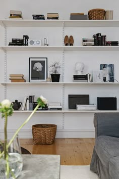 a living room filled with furniture and bookshelves