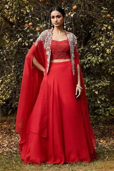 Red cape with floral pattern multi resham, beads and sequin embroidery. Comes with tonal embroidered padded blouse and solid lehenga with an attached cancan. - Aza Fashions Festival Choli With Zari Work And Cape Sleeves, Party Wear Georgette Sets With Cutdana, Red Party Wear Set With Zari Work, Red Zari Work Party Wear Set, Festive Sharara With Zari Work And Cape Sleeves, Traditional Lehenga With Cape Sleeves For Eid, Red Party Wear Dupatta With Intricate Embroidery, Festive Georgette Sets For Reception, Festive Palazzo Set With Intricate Embroidery For Party Wear