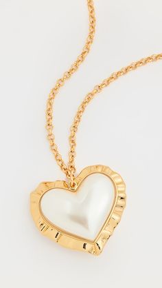 Lele Sadoughi Heart Ruffle Pendant Necklace | Shopbop Elegant Double Heart Necklace With Lobster Clasp, Elegant Open Heart Necklace With Lobster Clasp, Classic Gold-tone Heart Jewelry, Elegant Heart Pendant Necklace With Lobster Clasp, Luxury Statement Heart Pendant Necklace, Yellow Gold Heart Jewelry With Pearl Charm, Elegant Gold-tone Necklace With Heart Charm, Elegant Heart-shaped Large Pendant Jewelry, Elegant Gold-tone Heart Pendant Necklace